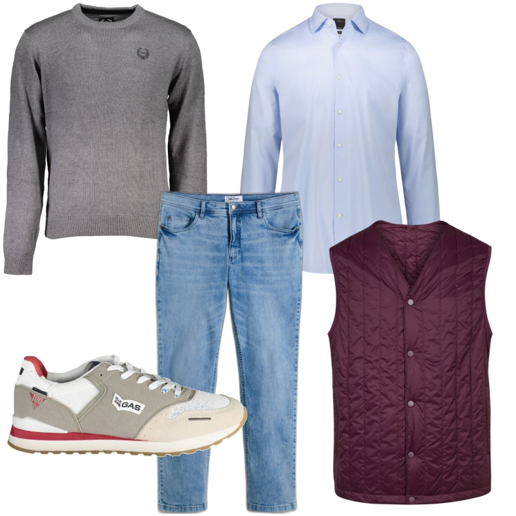 Outfit uomo - Il gilet versatile. Stile Trendy per Tutti i giorni. Abbinamento con jeans dritti, camicie, piumini, maglieria, sneakers.