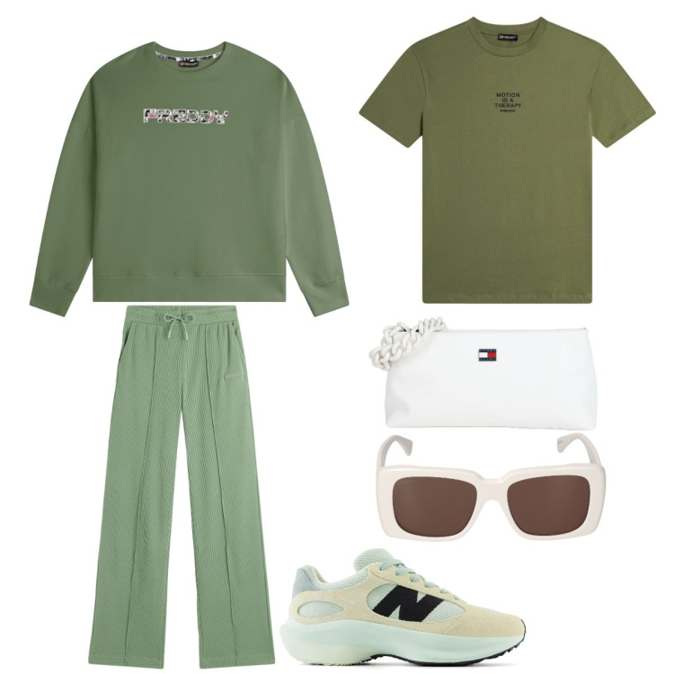 Outfit donna - Verde. Stile Basic per Tutti i giorni. Abbinamento con borse a mano, sneakers, t-shirt, pantaloni, felpe con cappuccio, occhiali da sole.