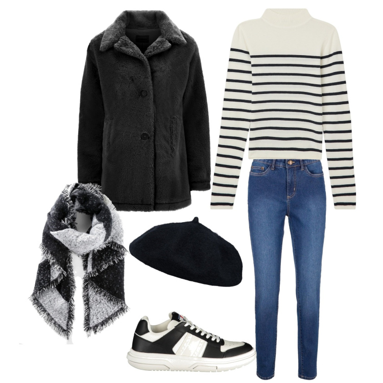 Outfit donna - Cozy day. Stile Urban per Tutti i giorni. look ideale per Petite. Abbinamento con jeans skinny, sciarpe, maglieria, cappotti, cappelli e berretti, sneakers.