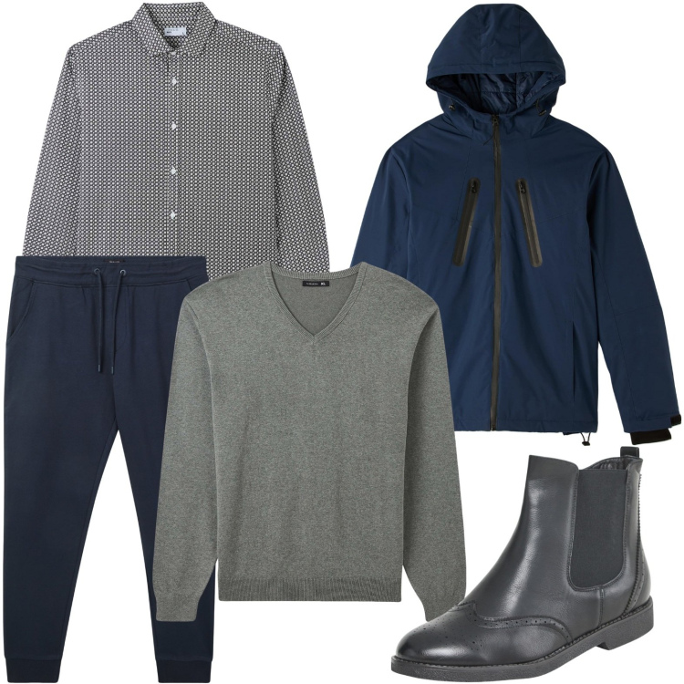 Outfit uomo - Sporty chic. Stile Trendy per Tutti i giorni. Abbinamento con stivali e stivaletti, giacche, camicie, maglieria, pantaloni.
