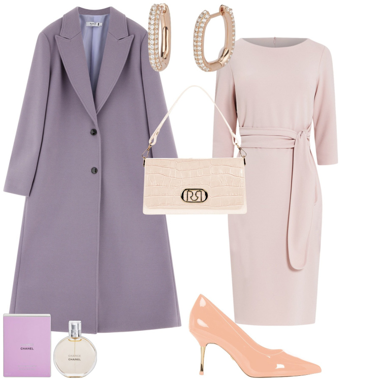 Outfit donna - Cerimonia evento speciale. Stile Bon Ton per Cerimonia. Abbinamento con profumi, orecchini, cappotti, vestiti midi/longuette, décolleté, borse a tracolla.