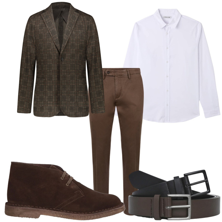 Outfit uomo - Giacca fantasia e pantaloni. Stile Trendy per Tutti i giorni. Abbinamento con stivali e stivaletti, camicie, cinture, giacche, pantaloni chino.