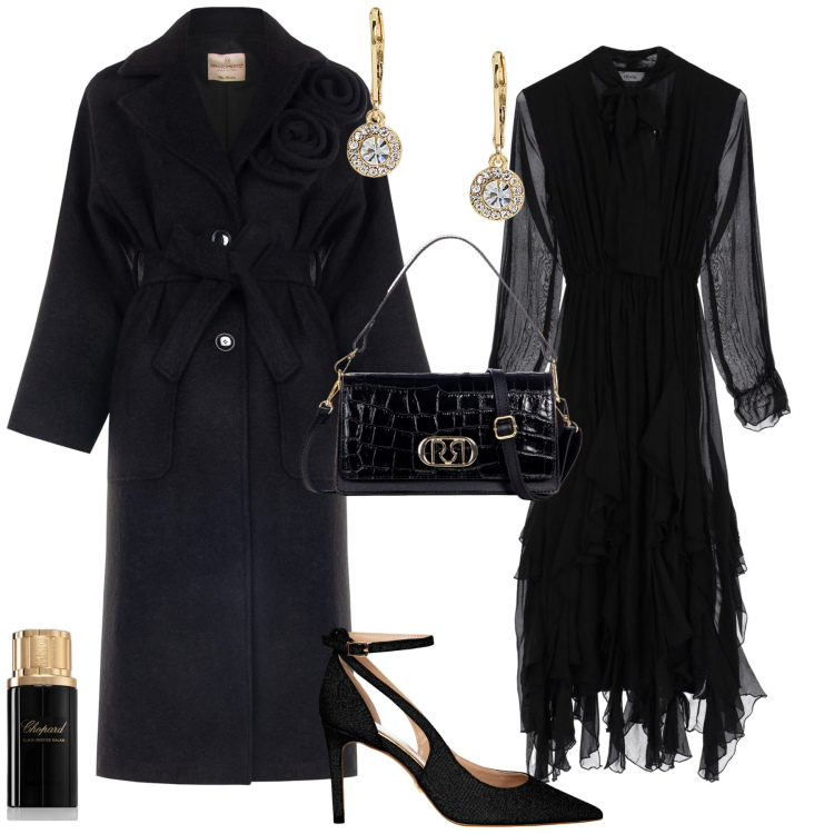 Outfit donna - Total look #2033444. Stile Glamour per Serata fuori. Abbinamento con profumi, décolleté, borse a tracolla, cappotti, vestiti lunghi, orecchini.