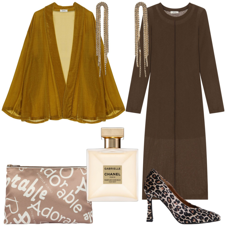 Outfit donna - Matrimonio nei toni del marrone. Stile Glamour per Cerimonia. Abbinamento con profumi, orecchini, décolleté, blazer, vestiti midi/longuette, pochette.