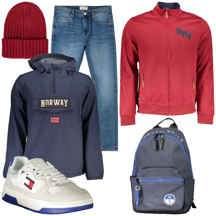 Outfit uomo - Rientro a scuola. Stile Casual per Tutti i giorni. Abbinamento con jeans skinny, berretti, felpe, sneakers, giacche sportive, borse sportive.