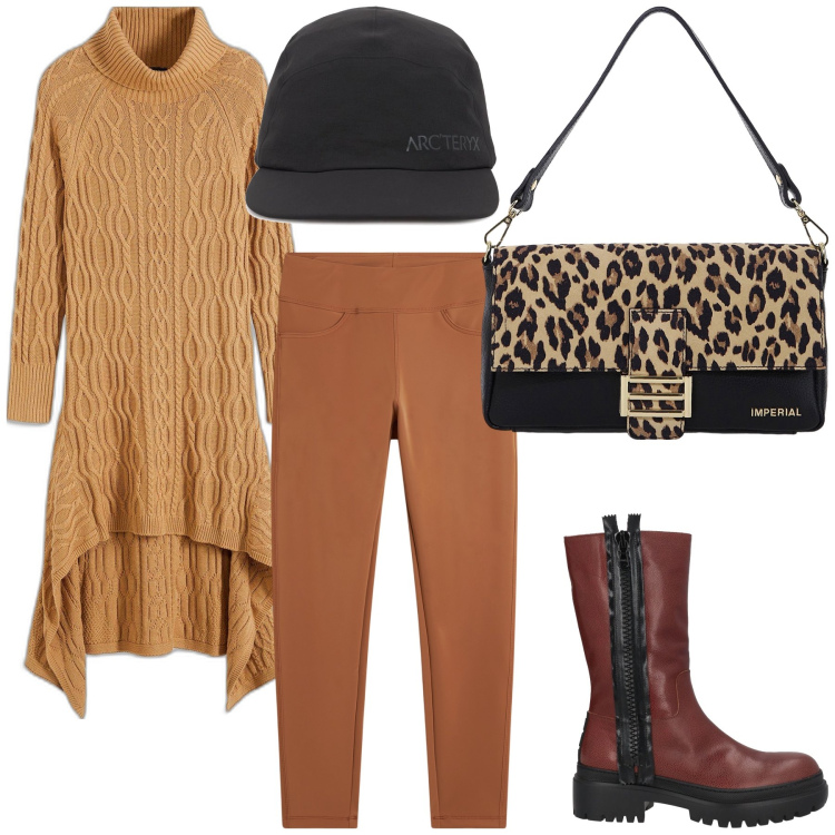 Outfit donna - Il lungo pull asimmetrico. Stile Trendy per Tutti i giorni. Abbinamento con maglieria, stivaletti, borse a spalla, leggings, cappelli.