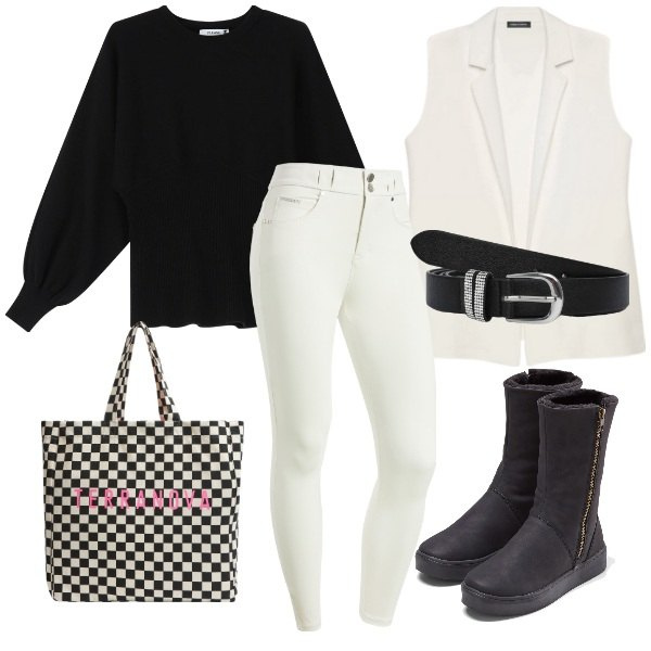 Outfit donna - Comoda per lo shopping. Stile Trendy per Tutti i giorni. Abbinamento con stivali, cinture, shopping bag, maglieria, pantaloni skinny, gilet.