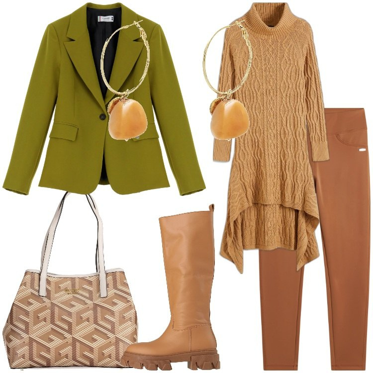 Outfit donna - Nuova me. Stile Trendy per Tutti i giorni. Abbinamento con maglieria, stivali, orecchini, blazer, leggings, borse a spalla.