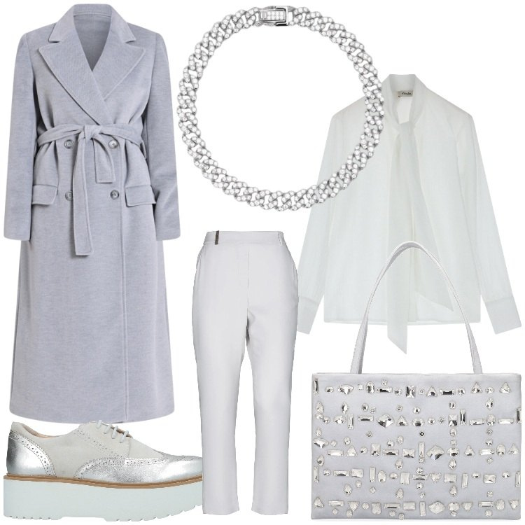 Outfit donna - Un inizio scintillante. Stile Casual chic per Ufficio. Abbinamento con scarpe stringate, pantaloni skinny, braccialetti, camicie, cappotti, borse a spalla.