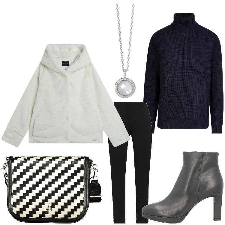 Outfit donna - 2025 bicolor. Stile Casual chic per Ufficio. Abbinamento con pantaloni, stivaletti, collane, blazer, maglieria, borse a tracolla.