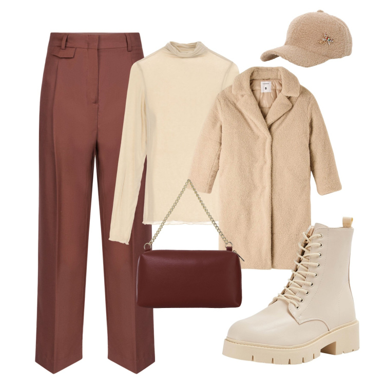 Outfit donna - New look 2025. Stile Trendy per Tutti i giorni. Abbinamento con cappotti, anfibi, maglieria, borse a tracolla, cappelli, pantaloni.