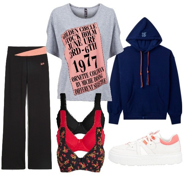 Outfit donna - Un po\' colorata e sportiva. Stile Sporty chic per Sport. Abbinamento con pantaloni sportivi, maglieria, reggiseni, sneakers, felpe sportive.