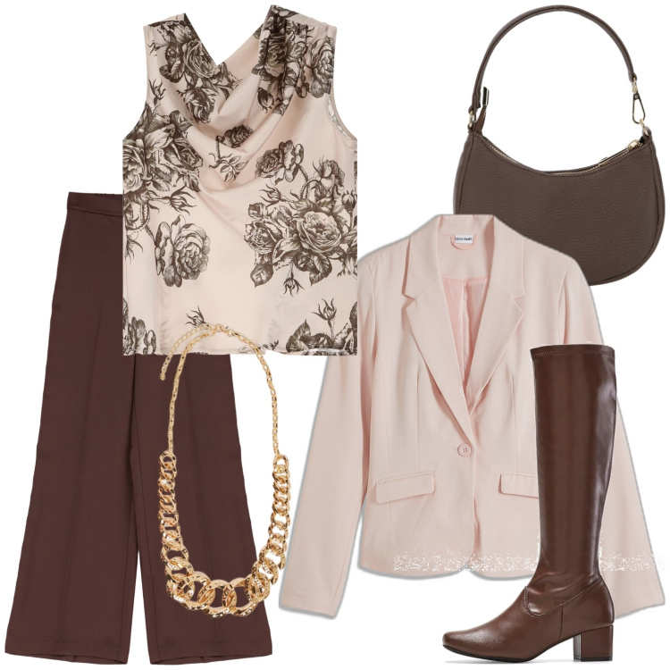 Outfit donna - Top floreale. Stile Glamour per Serata fuori. Abbinamento con stivali, blazer, top, pantaloni, borse a spalla, collane.