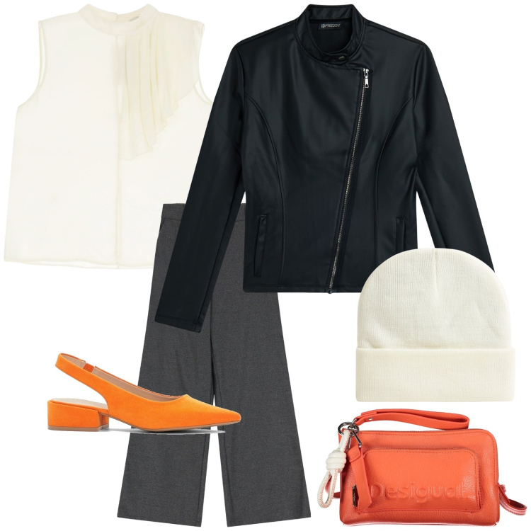 Outfit donna - Note aranciate. Stile Chic per Serata fuori. Abbinamento con décolleté, berretti, giacche, camicie, pantaloni a palazzo, borse a tracolla.