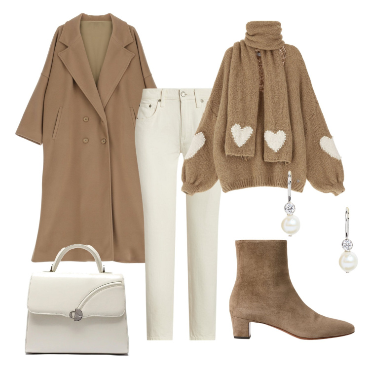 Outfit donna - Mocha Mousse. Stile Trendy per Tutti i giorni. Abbinamento con maglieria, cappotti, stivaletti, jeans, orecchini, borse a mano.