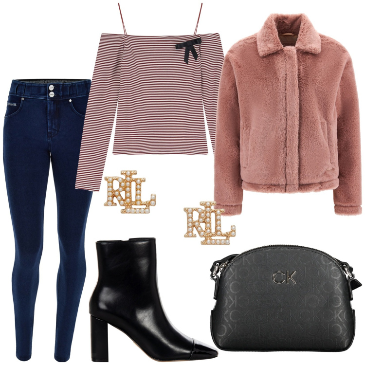Outfit donna - Total look #2033508. Stile Trendy per Tutti i giorni. Abbinamento con stivaletti, jeans slim fit, cappotti, maglieria, orecchini, borse a tracolla.