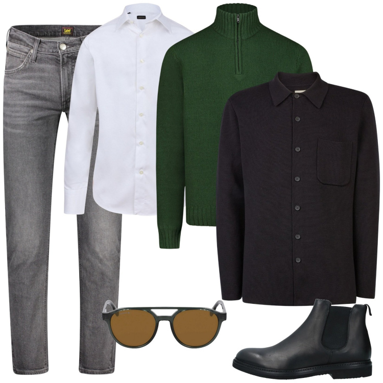 Outfit uomo - Il cappottino. Stile Casual per Ufficio. Abbinamento con stivali e stivaletti, maglieria, camicie, cappotti, occhiali da sole, jeans dritti.