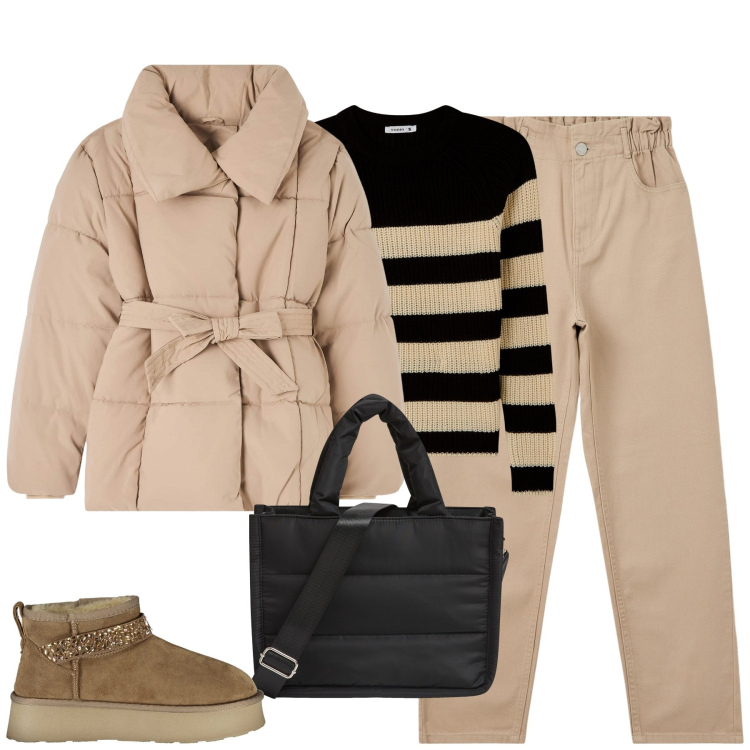 Outfit donna - City. Stile Urban per Tutti i giorni. Abbinamento con pantaloni, maglieria, shopping bag, piumini, stivali.