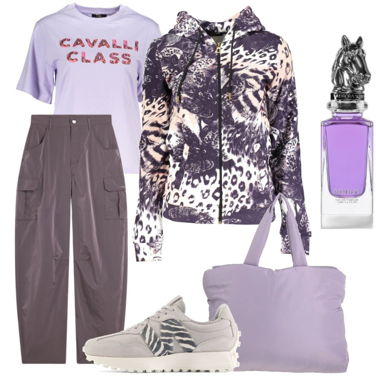 Outfit donna - Violet sporty. Stile Sporty chic per Tutti i giorni. Abbinamento con borse a mano, profumi, sneakers, pantaloni cargo, felpe con cappuccio, t-shirt.