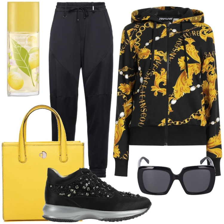 Outfit donna - Giallo e nero sporty chic. Stile Sporty chic per Tutti i giorni. Abbinamento con felpe con cappuccio, sneakers, pantaloni sportivi, profumi, occhiali da sole, shopping bag.
