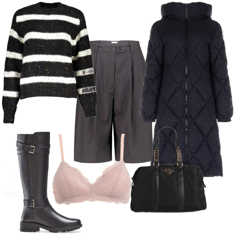 Outfit donna - Bermuda d inverno. Stile Trendy per Tutti i giorni. Abbinamento con stivali, borse a mano, bralette, piumini, bermuda, maglieria.