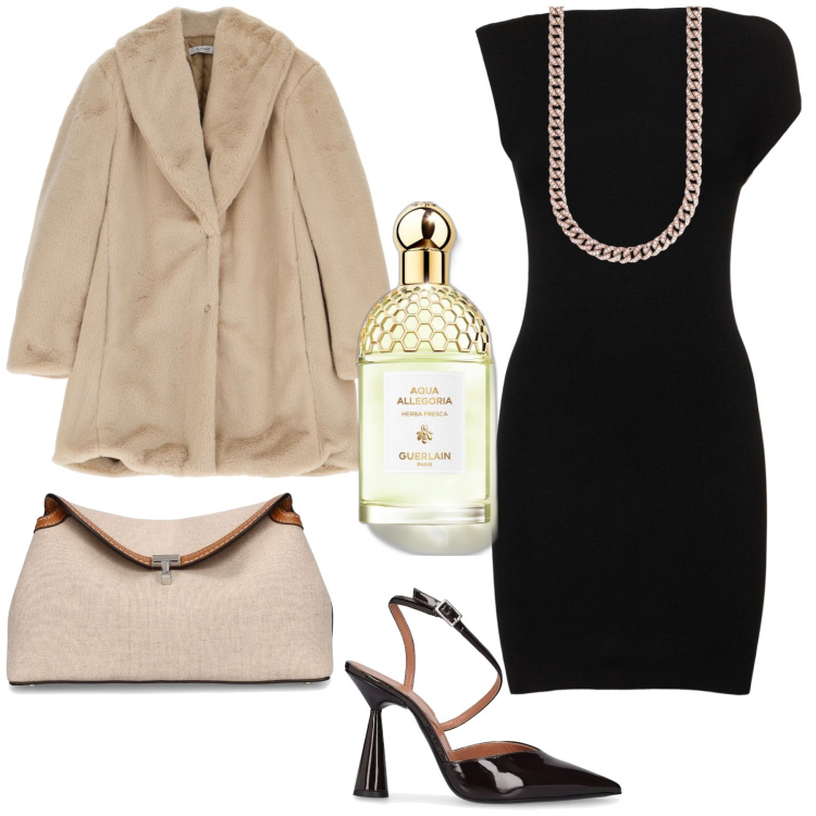 Outfit donna - Prossima uscita con lui. Stile Glamour per Serata fuori. Abbinamento con profumi, cappotti, collane, décolleté, clutch, vestiti asimmetrici.