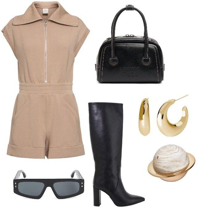 Outfit donna - Total look #2033541. Stile Trendy per Tutti i giorni. Abbinamento con profumi, orecchini, stivali, borse tote, occhiali da sole, tute.