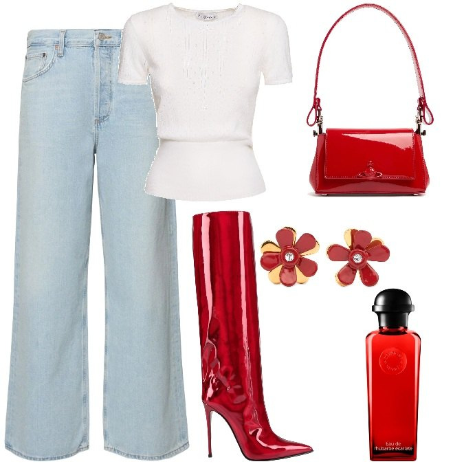 Outfit donna - Total look #2033543. Stile Trendy per Tutti i giorni. Abbinamento con stivali, profumi, borse a spalla, t-shirt, orecchini, jeans.