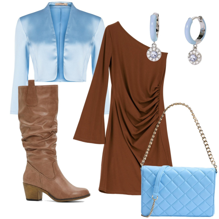 Outfit donna - L\'abito monospalla. Stile Chic per Serata fuori. Abbinamento con stivali, borse a tracolla, orecchini, bolero, vestiti asimmetrici.