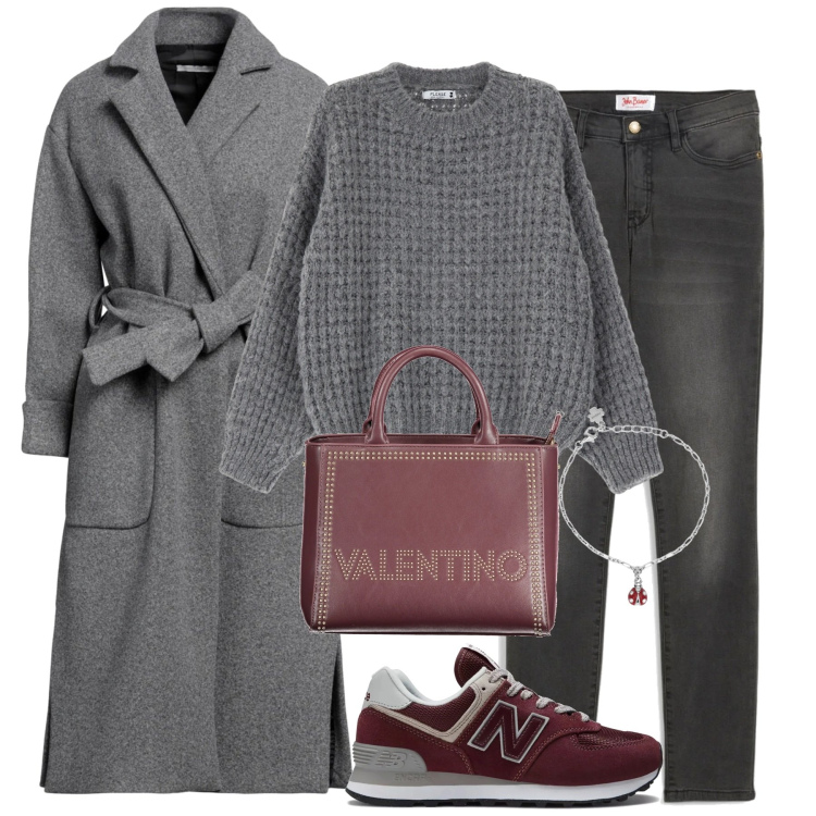 Outfit donna - City. Stile Casual chic per Tutti i giorni. Abbinamento con jeans slim fit, cappotti, braccialetti con ciondoli, sneakers, pullovers, borse a spalla.