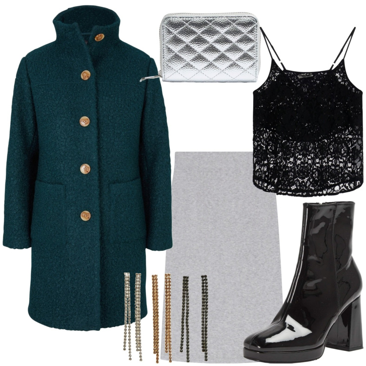 Outfit donna - Top di pizzo. Stile Bon Ton per Serata fuori. Abbinamento con cappotti, stivaletti, orecchini, portafogli, top, gonne longuette.