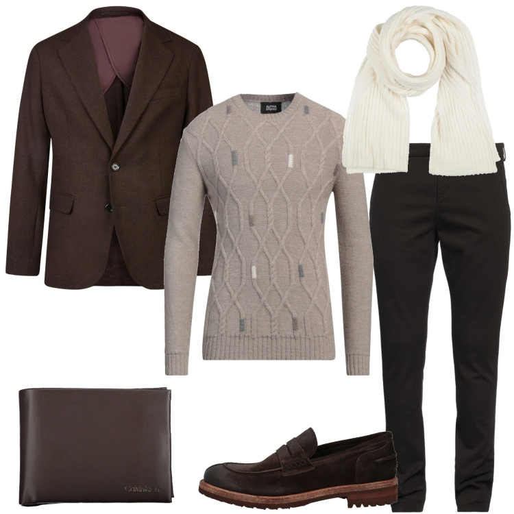 Outfit uomo - Una serata tra amici. Stile Casual per Serata speciale. Abbinamento con pullovers, scarpe stringate, pantaloni chino, sciarpe, giacche, portafogli.