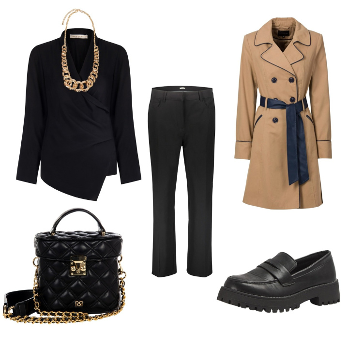 Outfit donna - Total look #2033560. Stile Casual per Ufficio. Abbinamento con trench, mocassini, bluse, borse a mano, pantaloni, collane.