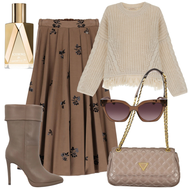 Outfit donna - La gonna must have. Stile Trendy per Tutti i giorni. Abbinamento con stivaletti, profumi, gonne lunghe, maglieria, occhiali da sole, borse a spalla.