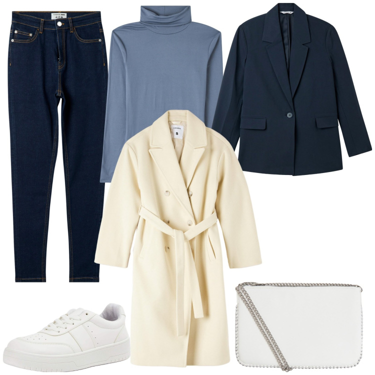 Outfit donna - Terranova saldi invernali. Stile Casual per Ufficio. Abbinamento con blazer, cappotti, maglieria, jeans skinny, sneakers, borse a tracolla.