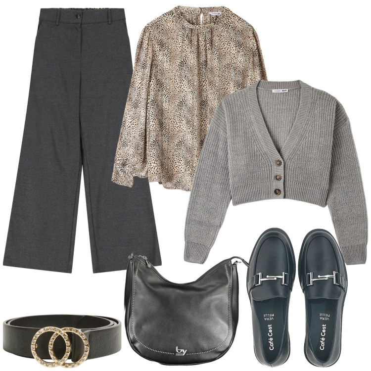 Outfit donna - Abbraccia le tue curve. Stile Basic per Tutti i giorni. Abbinamento con bluse, cardigans, cinture, pantaloni a palazzo, mocassini, borse a spalla.