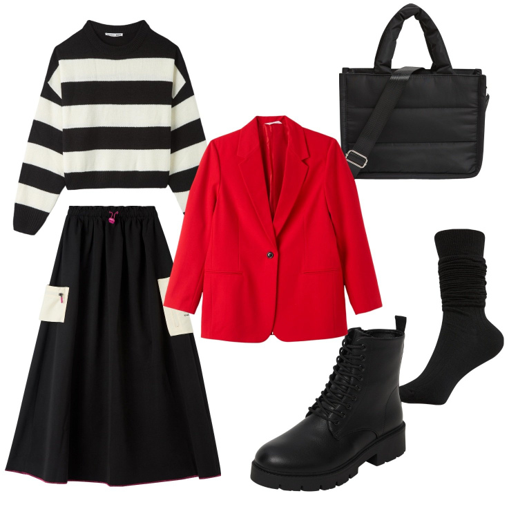 Outfit donna - Bianco, nero e rosso. Stile Preppy per Tutti i giorni. Abbinamento con shopping bag, gonne lunghe, blazer, maglieria, anfibi, calzini.