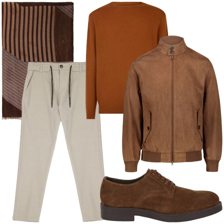 Outfit uomo - Casual tono su tono. Stile Casual per Ufficio. Abbinamento con pantaloni, sciarpe, giacche, maglieria, scarpe stringate.
