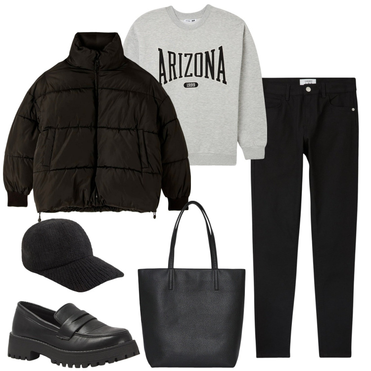 Outfit donna - Terranova basics. Stile Basic per Scuola/Università. Abbinamento con pantaloni skinny, borse tote, felpe, piumini, mocassini, cappelli.