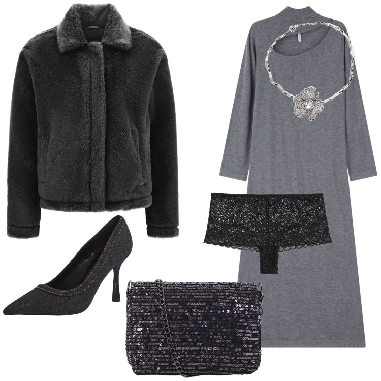 Outfit donna - La borsa luccicante. Stile Glamour per Serata fuori. Abbinamento con culotte, décolleté, vestiti asimmetrici, cappotti, collane, borse a tracolla.