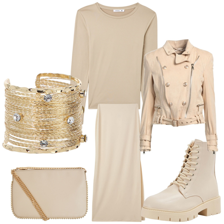 Outfit donna - Una dea rock. Stile Rock per Serata fuori. Abbinamento con blazer, gonne lunghe, borse a tracolla, anfibi, t-shirt, braccialetti.