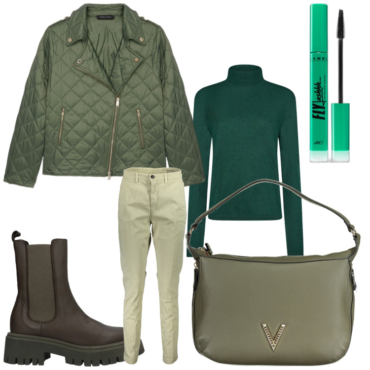 Outfit donna - Sempre in verde. Stile Casual chic per Tutti i giorni. Abbinamento con stivaletti, mascara, pantaloni, piumini, maglieria, borse a spalla.