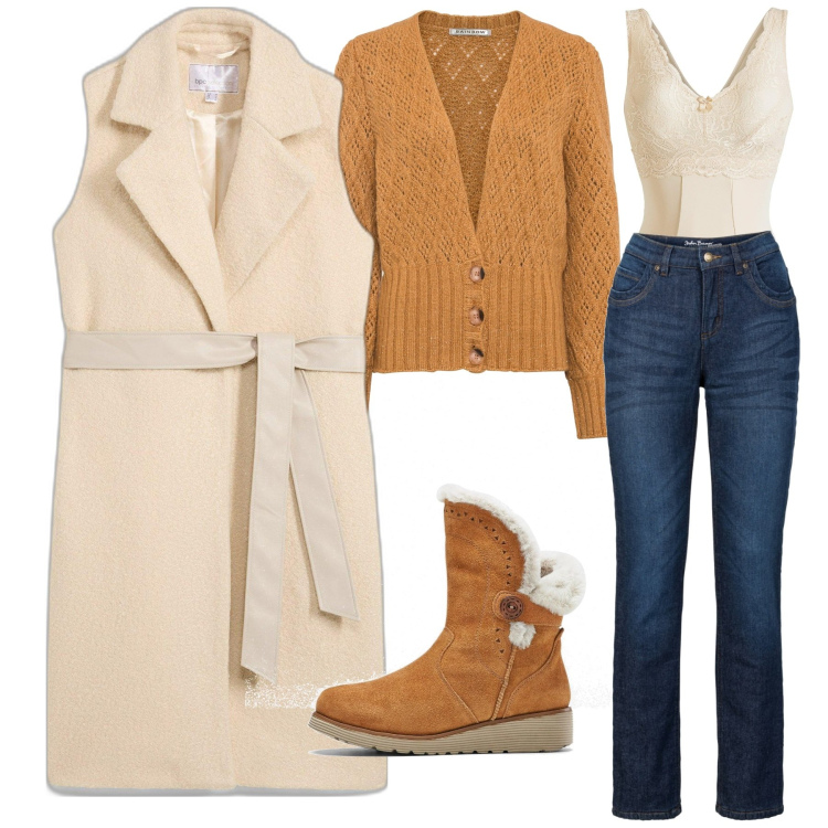 Outfit donna - Bon Prix style. Stile Casual per Tutti i giorni. Abbinamento con stivali, cardigans, body, jeans dritti, gilet.