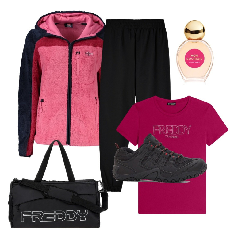 Outfit donna - Fitness. Stile Casual per Sport. Abbinamento con scarpe sportive, profumi, borse sportive, t-shirt, pantaloni sportivi, giacche sportive.