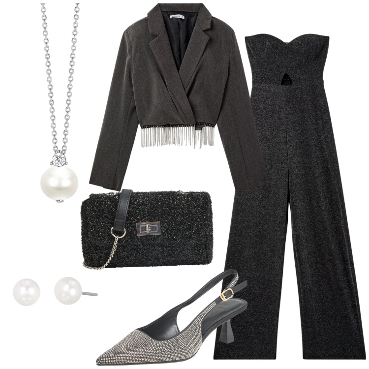 Outfit donna - Chic con terranova. Stile Chic per Serata fuori. Abbinamento con borse a tracolla, tute, décolleté, blazer, orecchini, collane.