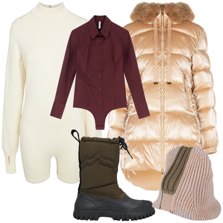 Outfit donna - In montagna. Stile Sporty chic per Sport. Abbinamento con stivali da neve, cappelli, tuta corta, piumini, body.
