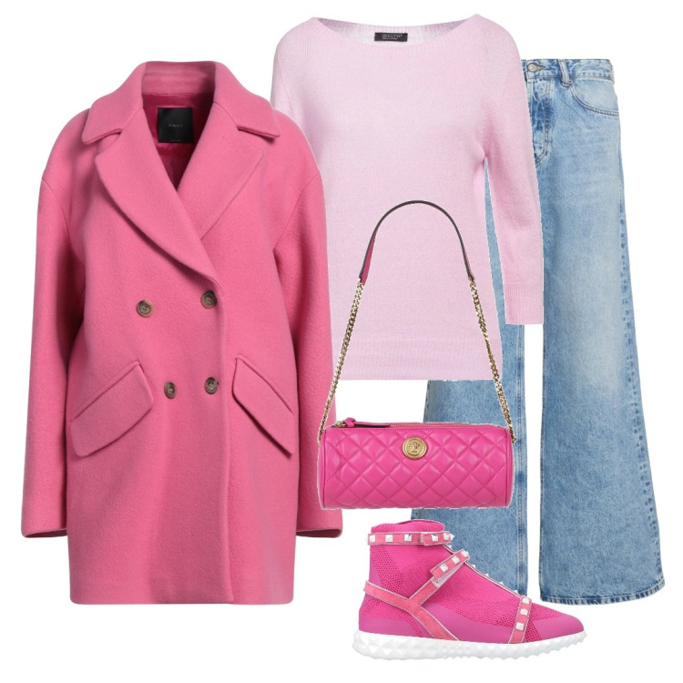 Outfit donna - Outfit in rosa. Stile Trendy per Tutti i giorni. Abbinamento con cappotti, pullovers, sneakers, borse a spalla, jeans.