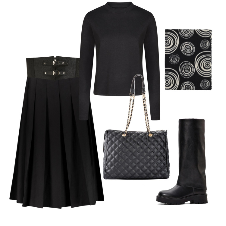 Outfit donna - Total black con la longuette a pieghe. Stile Minimal per Tutti i giorni. Abbinamento con shopping bag, stivali, cinture, foulard, gonne longuette, t-shirt.