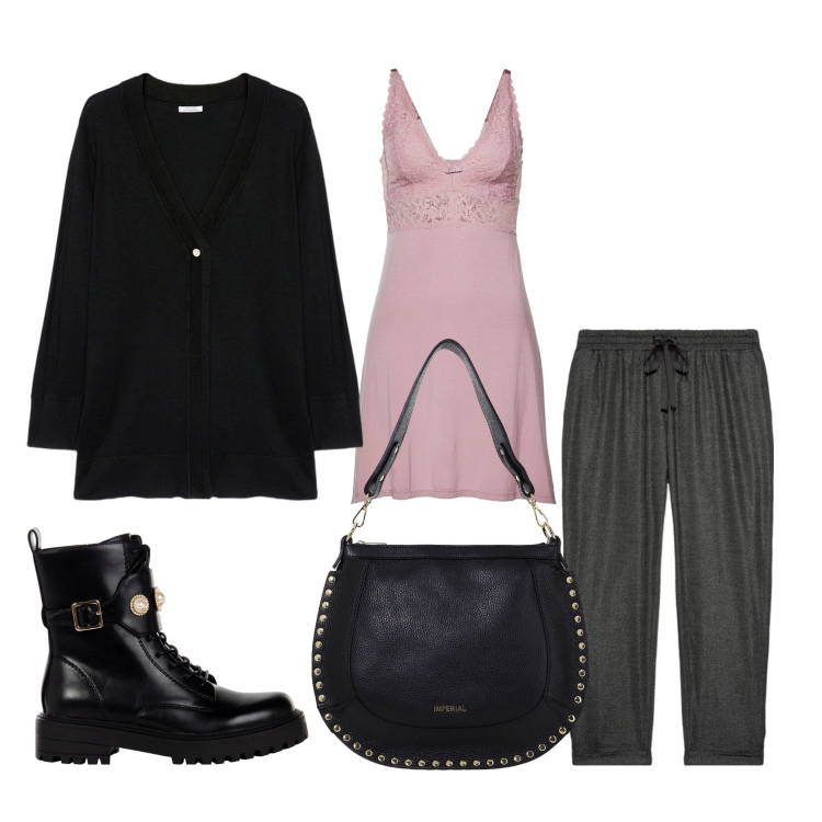 Outfit donna - Gennaio. Stile Sexy per Tutti i giorni. Abbinamento con sottovesti, anfibi, borse a spalla, cardigans, pantaloni.