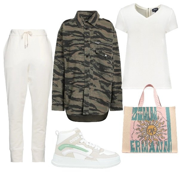 Outfit donna - Casual look. Stile Casual per Tutti i giorni. Abbinamento con camicie, pantaloni sportivi, sneakers alte, t-shirt, shopping bag.